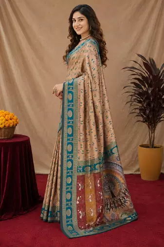 Beige art silk blend jacquard motif work saree with unstitched blouse piece