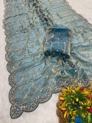 Firozi beads embroidery work fendy satin saree with blouse 2