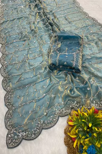 Firozi beads embroidery work fendy satin saree with blouse