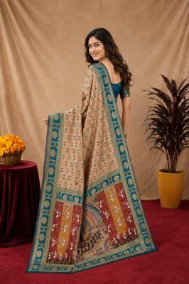 Beige art silk blend jacquard motif work saree with unstitched blouse piece 3