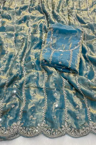 Firozi beads embroidery work fendy satin saree with blouse