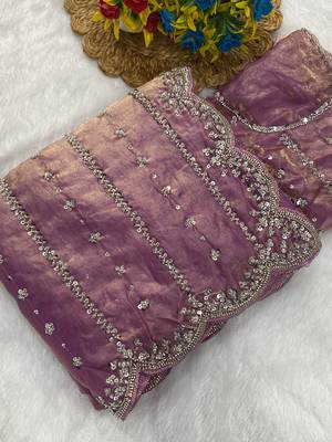 Levender beads embroidery work fendy satin saree with blouse 1