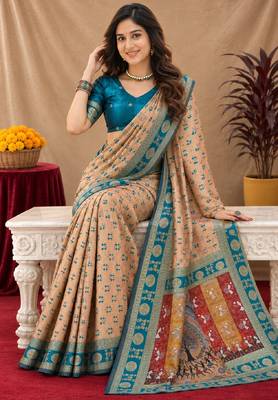 Beige art silk blend jacquard motif work saree with unstitched blouse piece 4