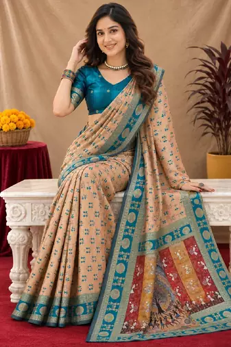Beige art silk blend jacquard motif work saree with unstitched blouse piece