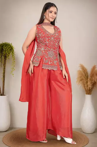 Ethnic Motifs Embroidered Sequinned Scalloped Kurti with Palazzo & Dupatta