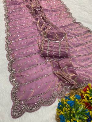 Levender beads embroidery work fendy satin saree with blouse 2