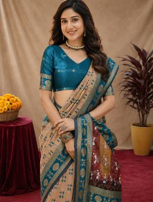 Beige art silk blend jacquard motif work saree with unstitched blouse piece 5