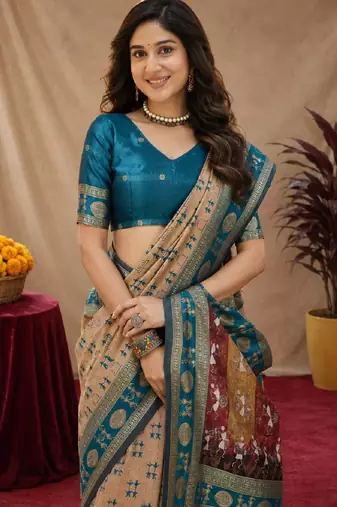 Beige art silk blend jacquard motif work saree with unstitched blouse piece