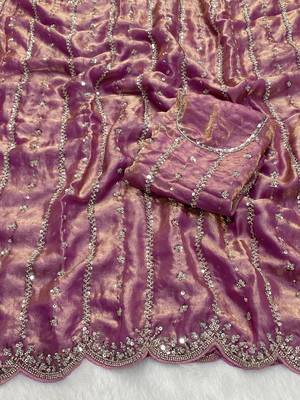 Levender beads embroidery work fendy satin saree with blouse 3