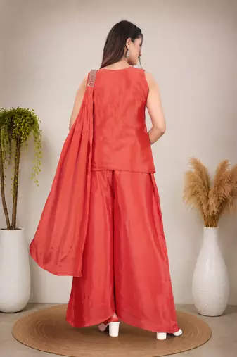 Ethnic Motifs Embroidered Sequinned Scalloped Kurti with Palazzo & Dupatta