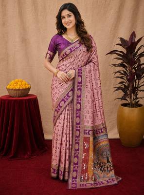 Light pink art silk blend jacquard motif work saree with unstitched blouse piece 1