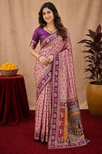 Light pink art silk blend jacquard motif work saree with unstitched blouse piece