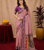 Light pink art silk blend jacquard motif work saree with unstitched blouse piece