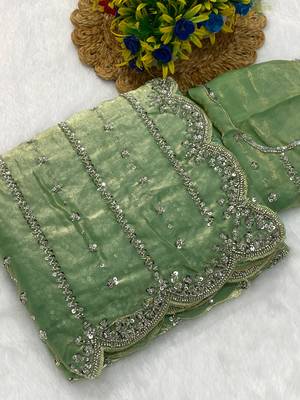 Pista beads embroidery work fendy satin saree with blouse 1