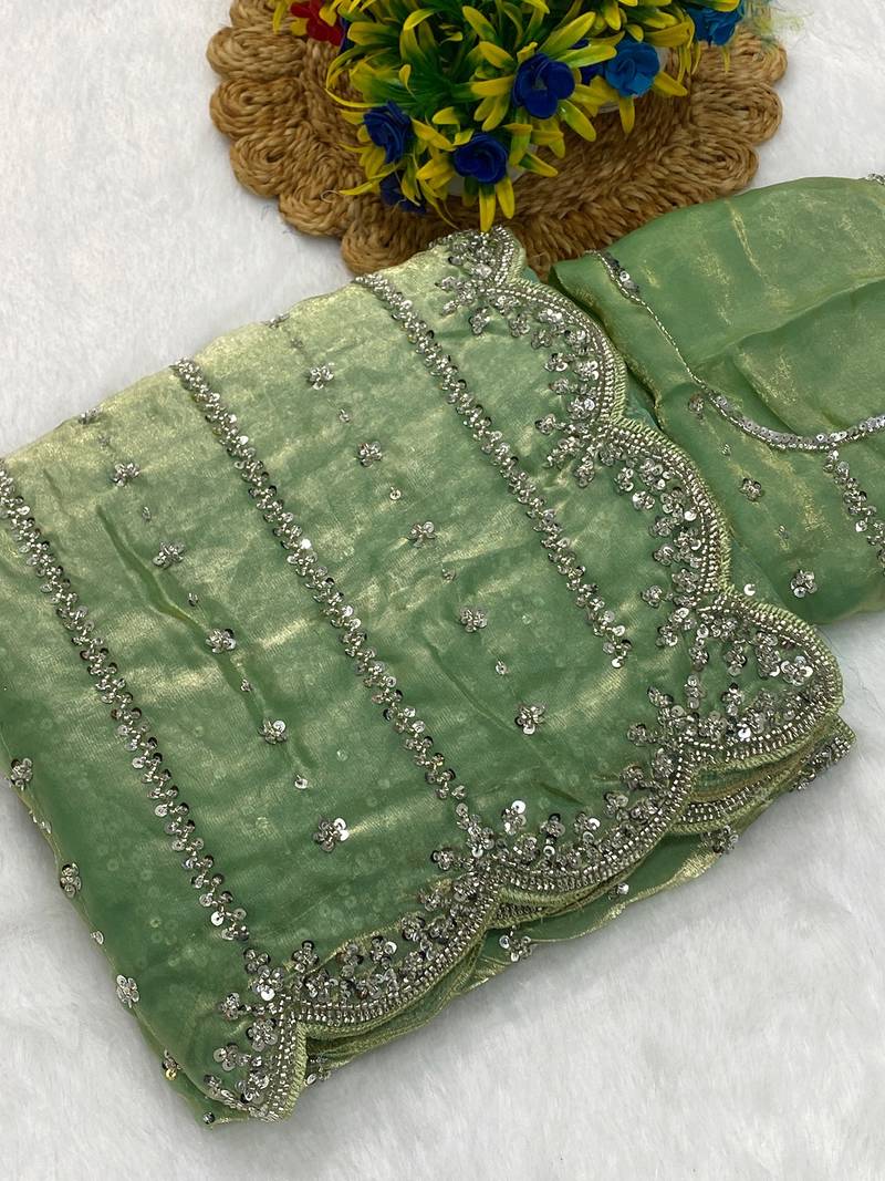 Pista beads embroidery work fendy satin saree with blouse