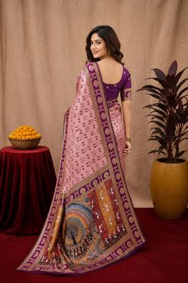 Light pink art silk blend jacquard motif work saree with unstitched blouse piece 2