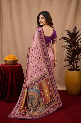 Light pink art silk blend jacquard motif work saree with unstitched blouse piece