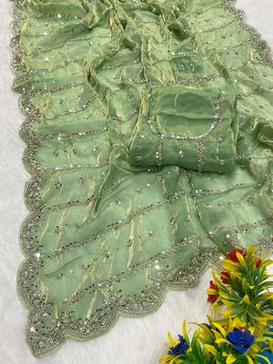 Pista beads embroidery work fendy satin saree with blouse 2