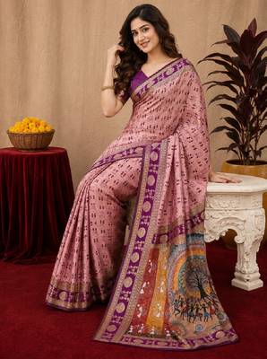 Light pink art silk blend jacquard motif work saree with unstitched blouse piece 3