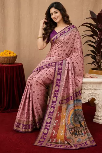 Light pink art silk blend jacquard motif work saree with unstitched blouse piece