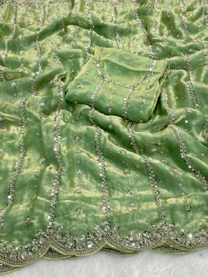 Pista beads embroidery work fendy satin saree with blouse 3