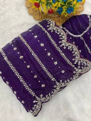 Purple beads embroidery work fendy satin saree with blouse 1