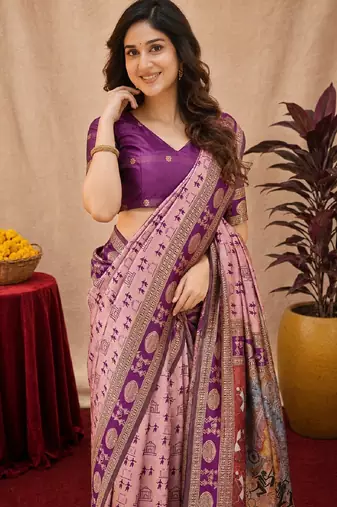 Light pink art silk blend jacquard motif work saree with unstitched blouse piece