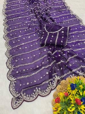Purple beads embroidery work fendy satin saree with blouse 2