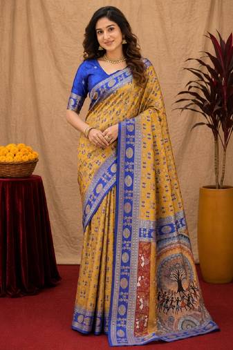 Mustard blue art silk blend jacquard motif work saree with unstitched blouse piece
