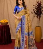 Mustard blue art silk blend jacquard motif work saree with unstitched blouse piece