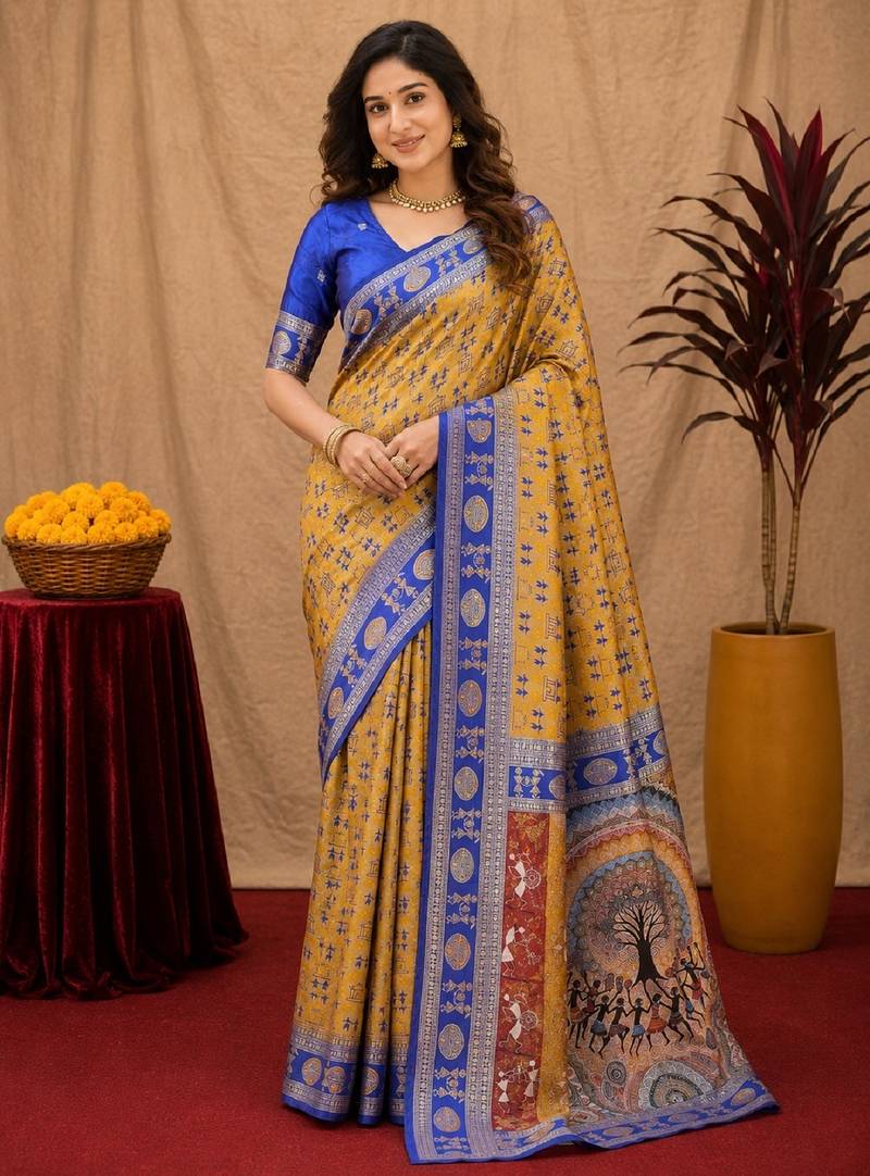 Mustard blue art silk blend jacquard motif work saree with unstitched blouse piece