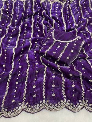 Purple beads embroidery work fendy satin saree with blouse 3