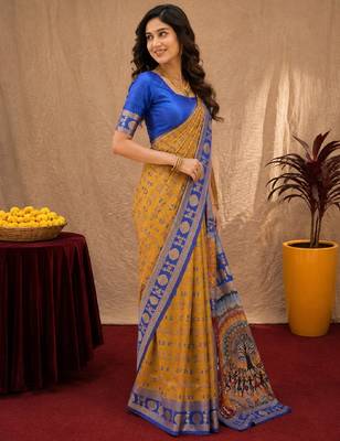 Mustard blue art silk blend jacquard motif work saree with unstitched blouse piece 2