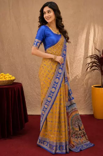 Mustard blue art silk blend jacquard motif work saree with unstitched blouse piece