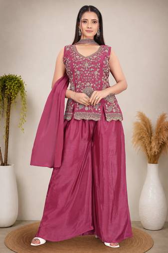 Ethnic Motifs Embroidered Sequinned Scalloped Kurti with Palazzo & Dupatta