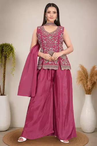 Ethnic Motifs Embroidered Sequinned Scalloped Kurti with Palazzo & Dupatta