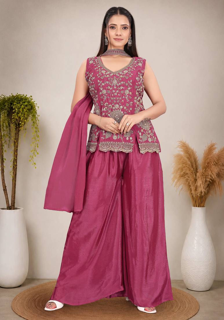 Ethnic Motifs Embroidered Sequinned Scalloped Kurti with Palazzo & Dupatta