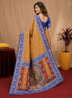Mustard blue art silk blend jacquard motif work saree with unstitched blouse piece 3