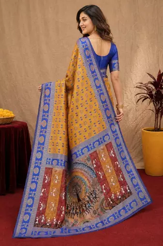Mustard blue art silk blend jacquard motif work saree with unstitched blouse piece