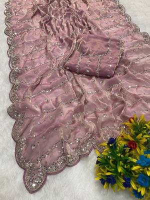 Baby pink beads embroidery work fendy satin saree with blouse 1