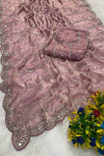 Baby pink beads embroidery work fendy satin saree with blouse