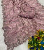 Baby pink beads embroidery work fendy satin saree with blouse