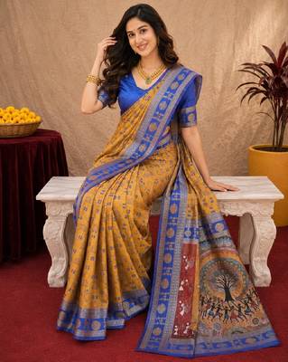 Mustard blue art silk blend jacquard motif work saree with unstitched blouse piece 4