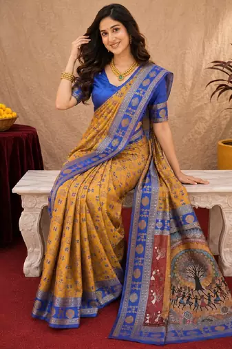 Mustard blue art silk blend jacquard motif work saree with unstitched blouse piece