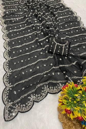 Black beads embroidery work fendy satin saree with blouse
