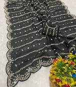 Black beads embroidery work fendy satin saree with blouse