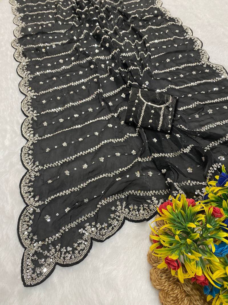 Black beads embroidery work fendy satin saree with blouse