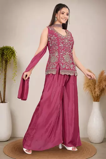 Ethnic Motifs Embroidered Sequinned Scalloped Kurti with Palazzo & Dupatta
