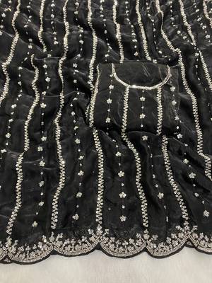 Black beads embroidery work fendy satin saree with blouse 2