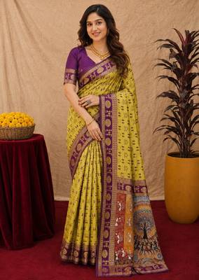 Neon wine art silk blend jacquard motif work saree with unstitched blouse piece 1